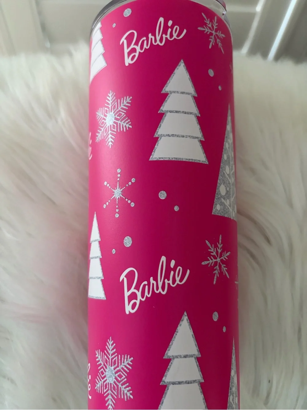 Barbie Hot Pink Holiday Tumbler with Silver Tree Accents
